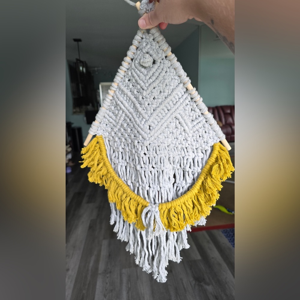 Chic Blue-Gray Macramé Wall Art with Mustard Fringe